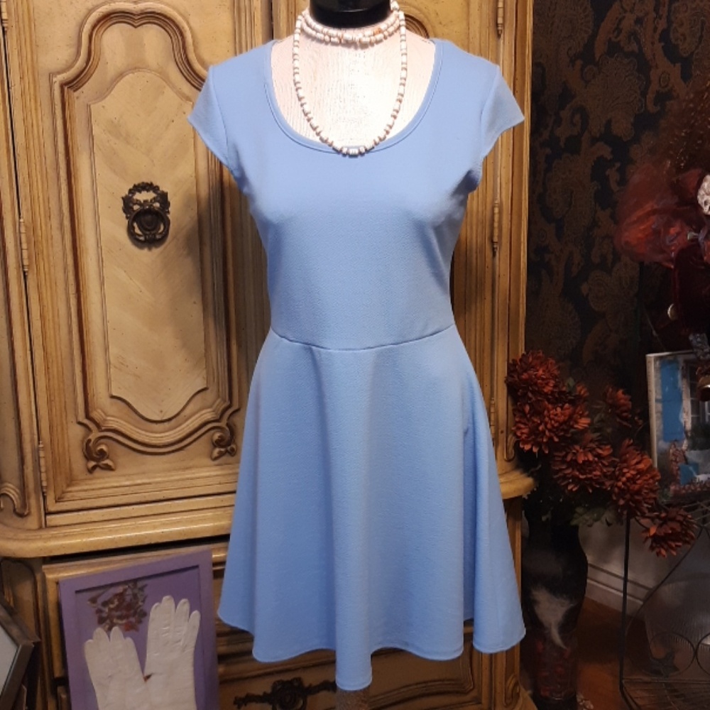 Womens sky Blue Dress B10 L  shortsleeve stretchy Spring Church Modest
